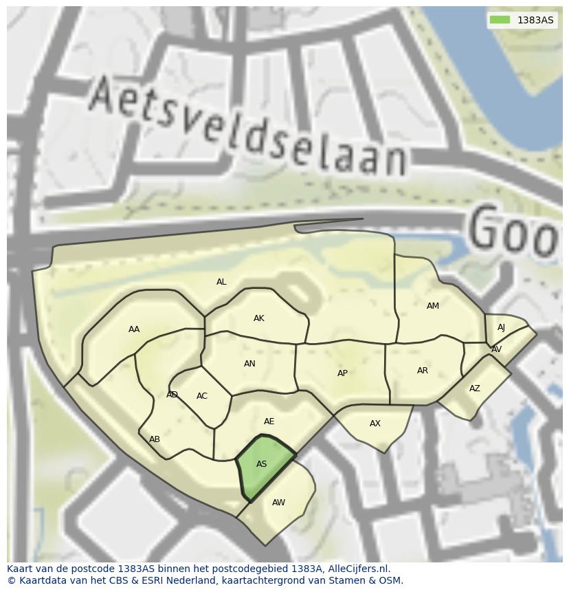 Afbeelding van het postcodegebied 1383 AS op de kaart.