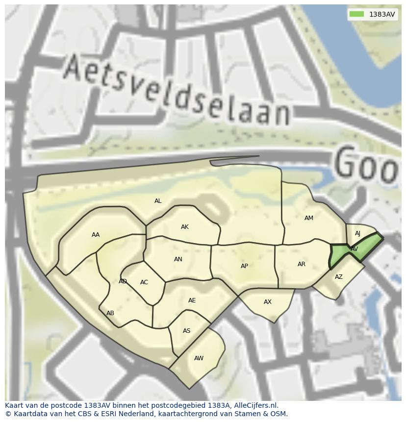Afbeelding van het postcodegebied 1383 AV op de kaart.