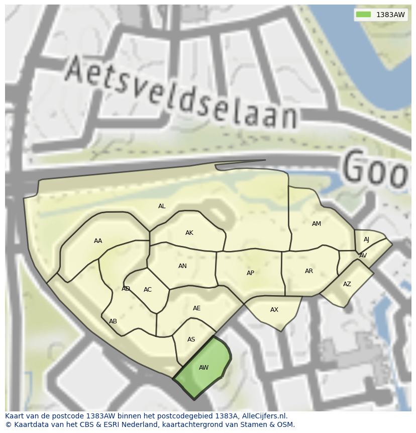 Afbeelding van het postcodegebied 1383 AW op de kaart.