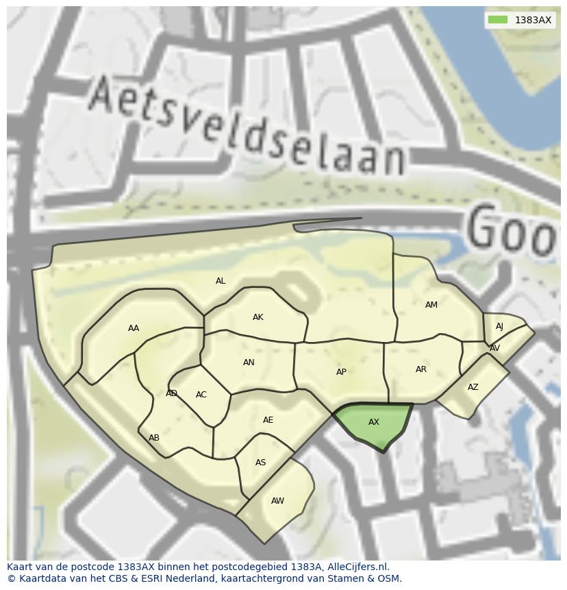 Afbeelding van het postcodegebied 1383 AX op de kaart.