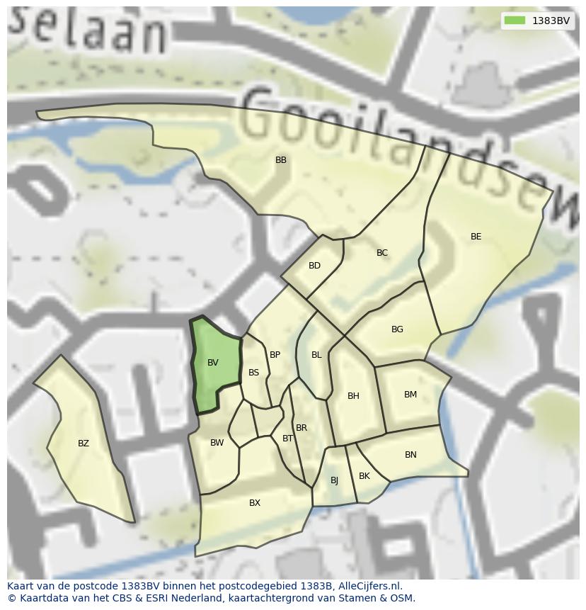 Afbeelding van het postcodegebied 1383 BV op de kaart.