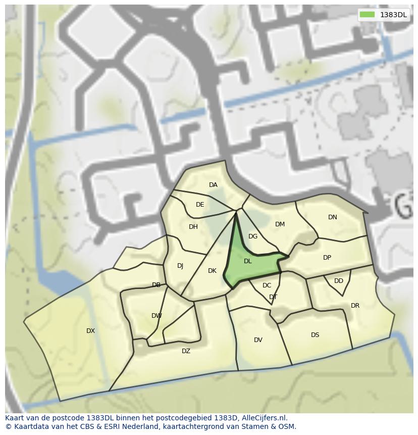 Afbeelding van het postcodegebied 1383 DL op de kaart.