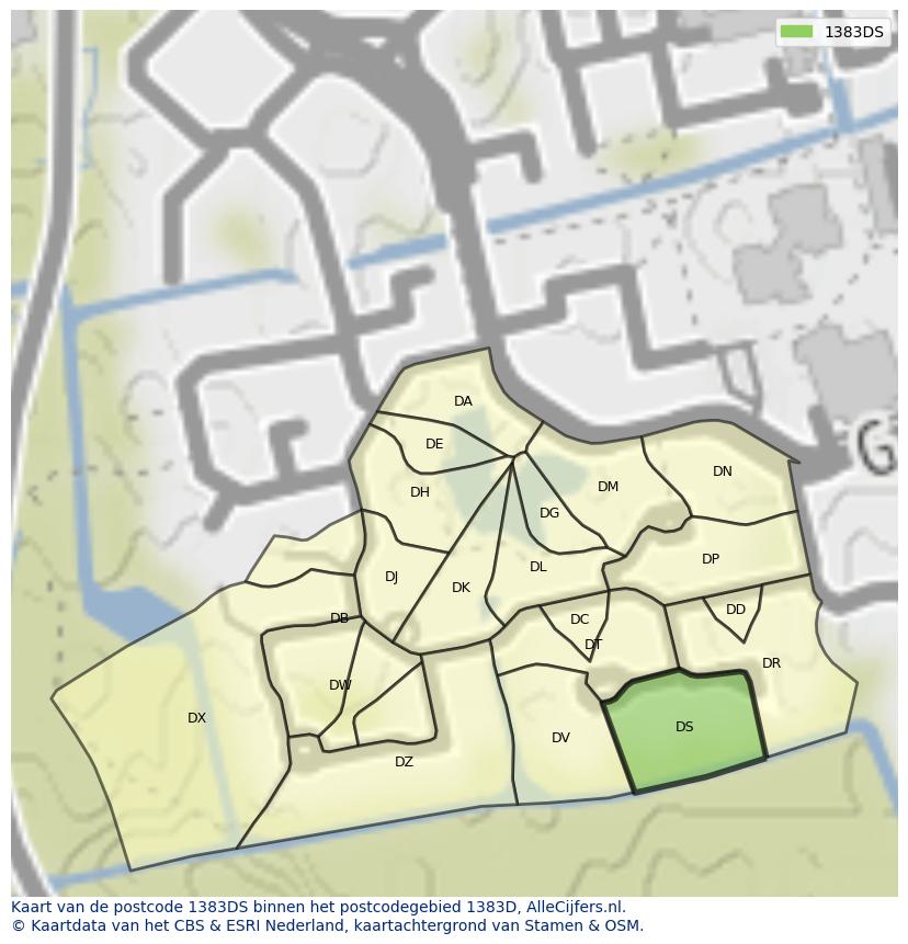Afbeelding van het postcodegebied 1383 DS op de kaart.