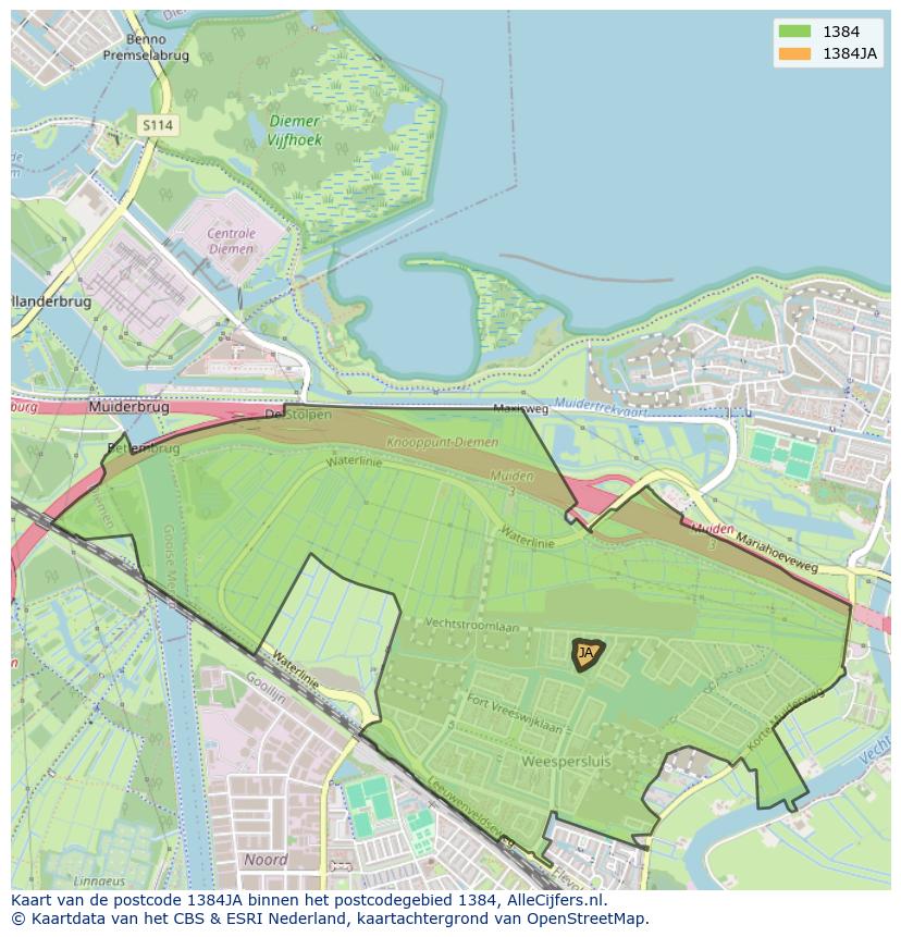 Afbeelding van het postcodegebied 1384 JA op de kaart.