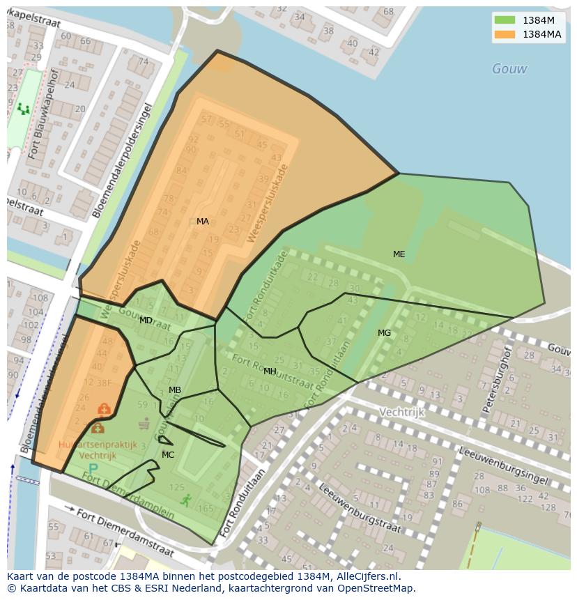 Afbeelding van het postcodegebied 1384 MA op de kaart.