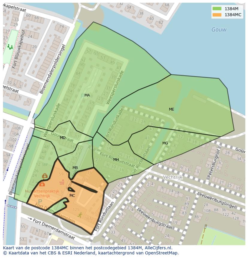 Afbeelding van het postcodegebied 1384 MC op de kaart.