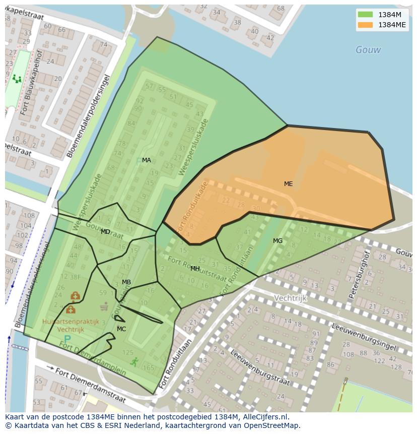 Afbeelding van het postcodegebied 1384 ME op de kaart.