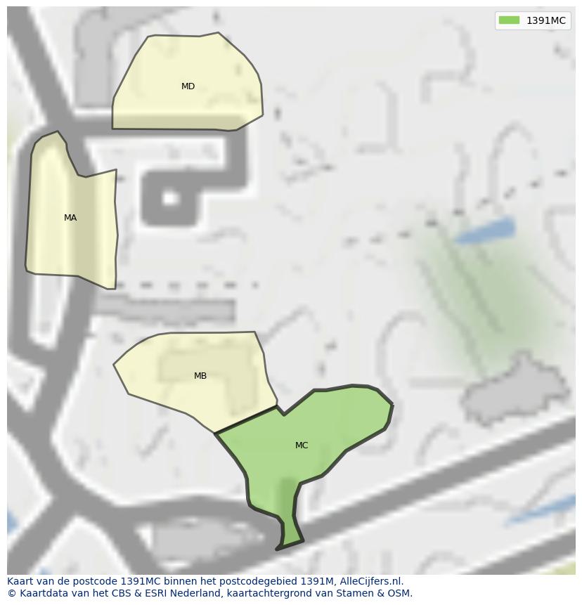 Afbeelding van het postcodegebied 1391 MC op de kaart.