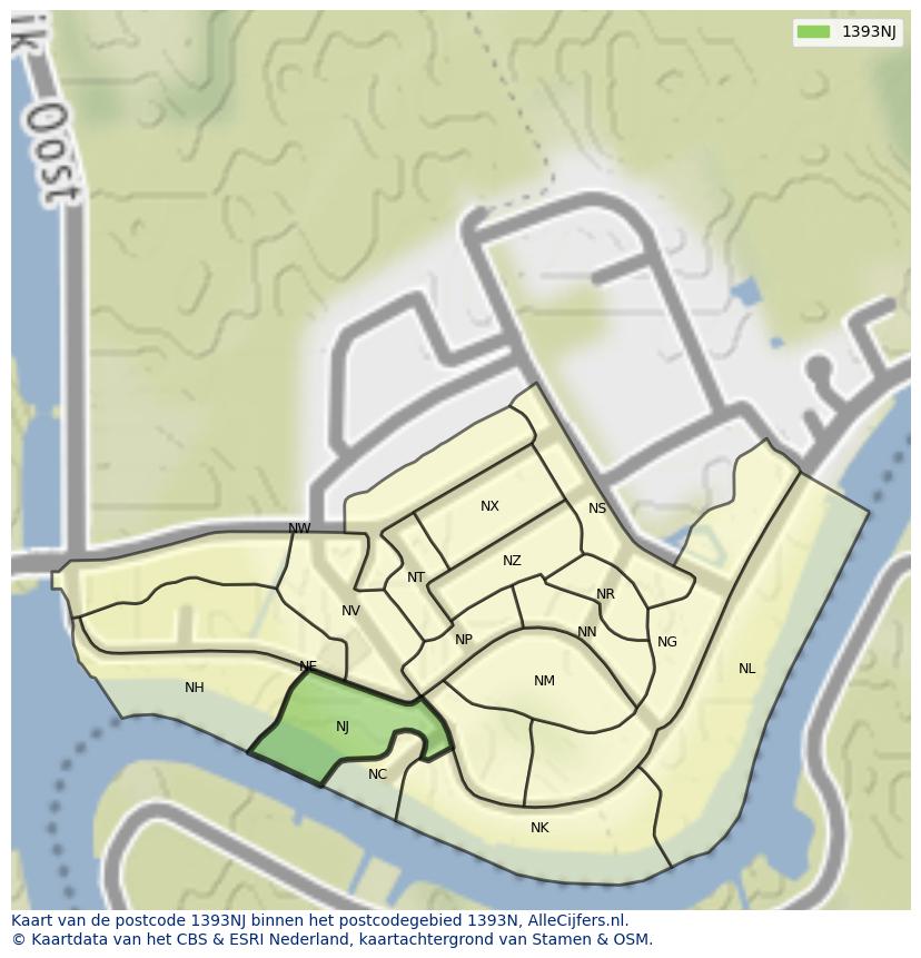 Afbeelding van het postcodegebied 1393 NJ op de kaart.