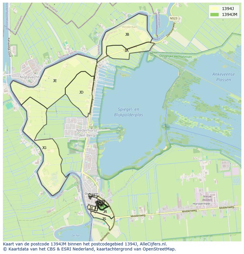 Afbeelding van het postcodegebied 1394 JM op de kaart.