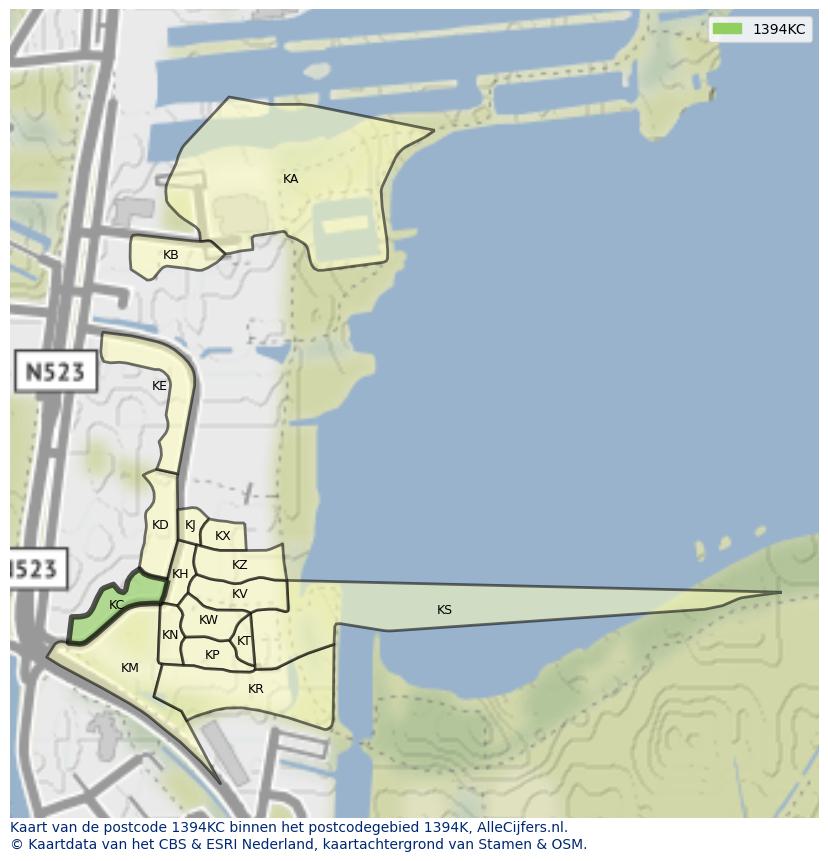 Afbeelding van het postcodegebied 1394 KC op de kaart.