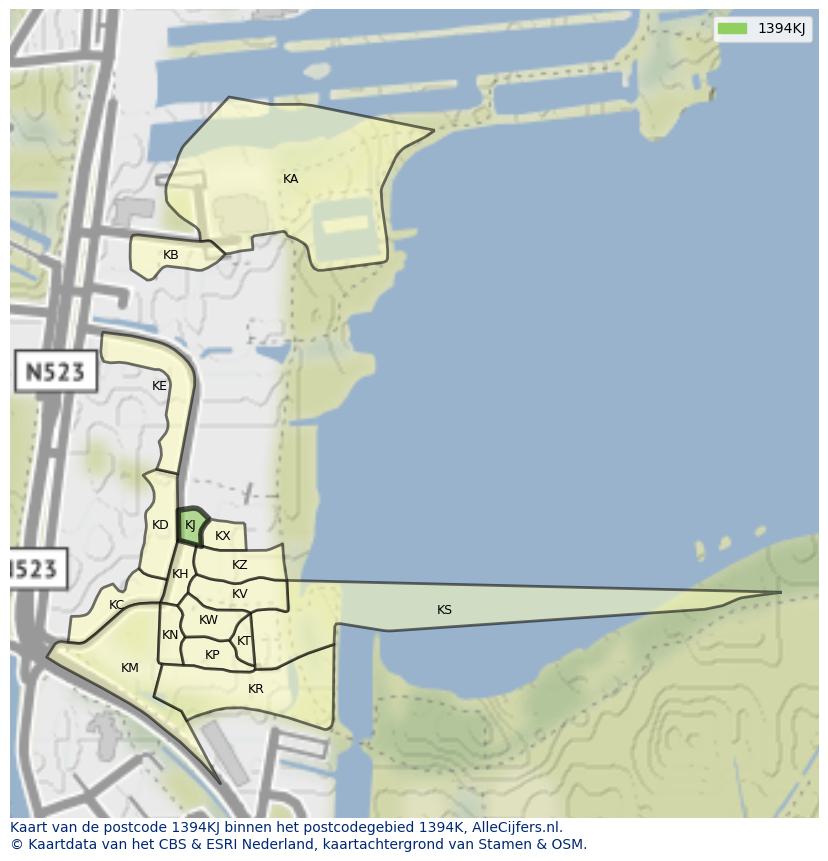 Afbeelding van het postcodegebied 1394 KJ op de kaart.