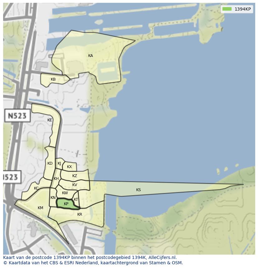 Afbeelding van het postcodegebied 1394 KP op de kaart.