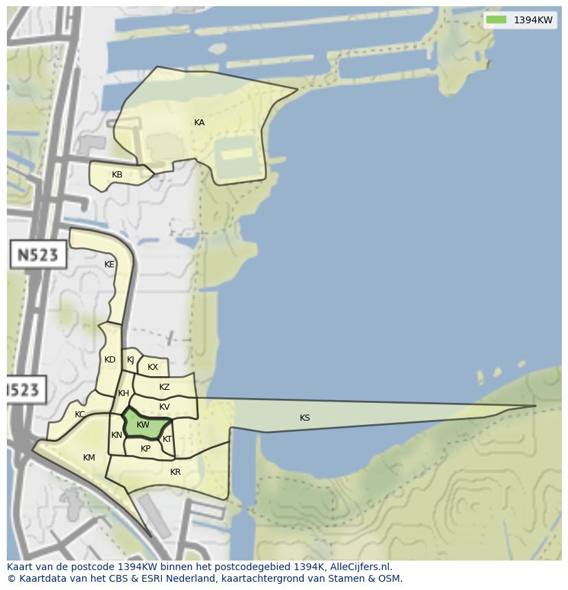 Afbeelding van het postcodegebied 1394 KW op de kaart.