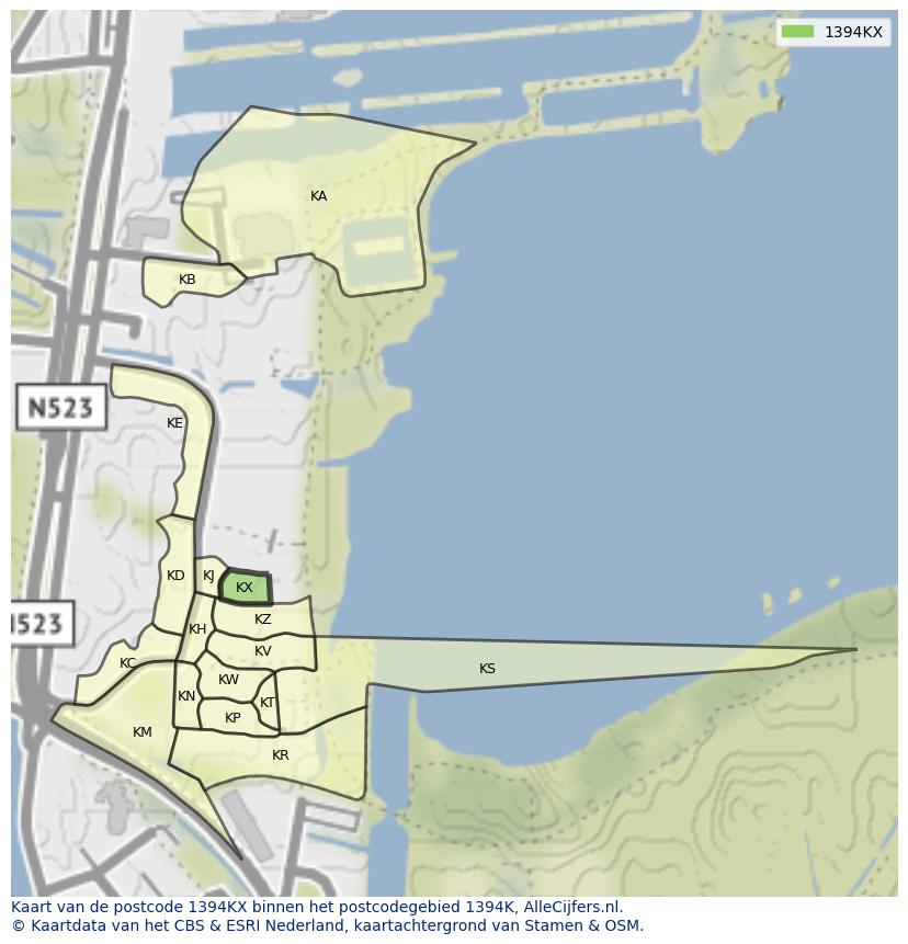 Afbeelding van het postcodegebied 1394 KX op de kaart.