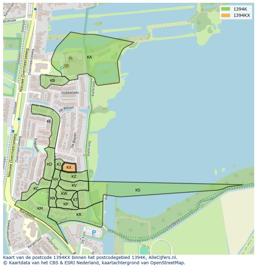 Afbeelding van het postcodegebied 1394 KX op de kaart.