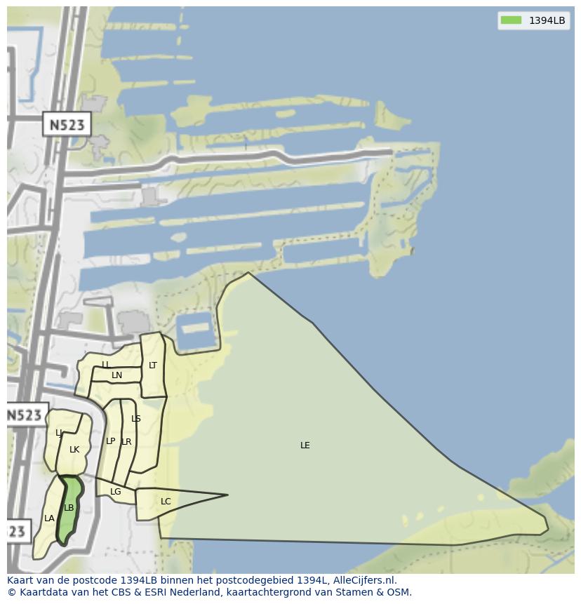Afbeelding van het postcodegebied 1394 LB op de kaart.