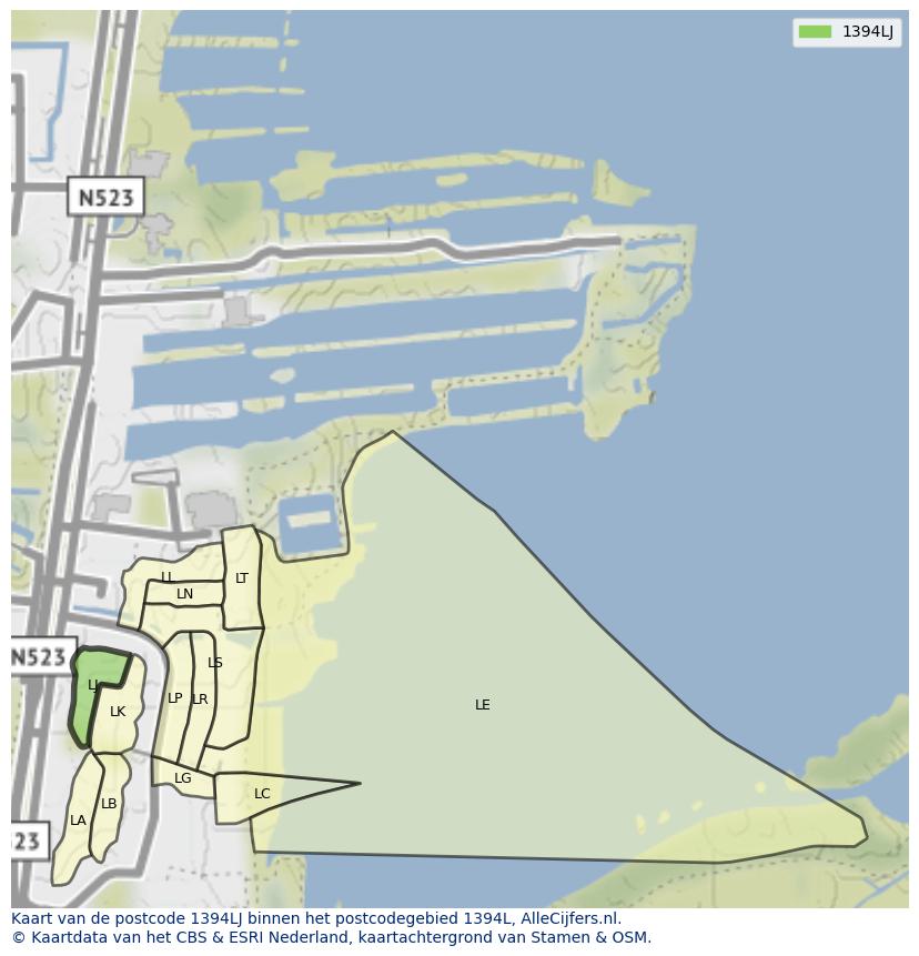 Afbeelding van het postcodegebied 1394 LJ op de kaart.