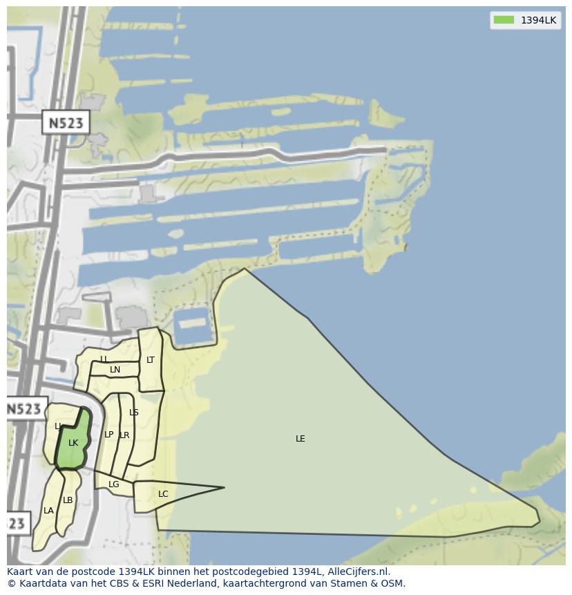 Afbeelding van het postcodegebied 1394 LK op de kaart.