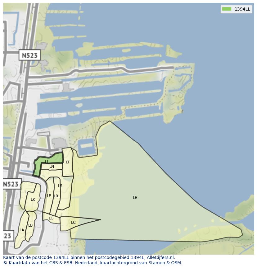 Afbeelding van het postcodegebied 1394 LL op de kaart.