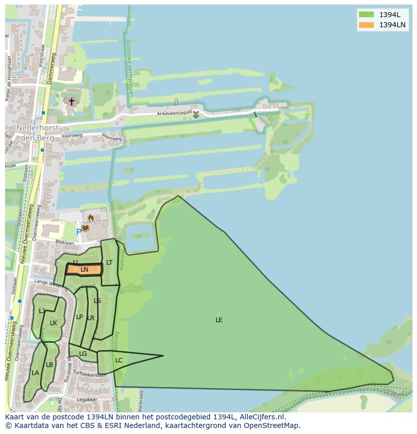 Afbeelding van het postcodegebied 1394 LN op de kaart.
