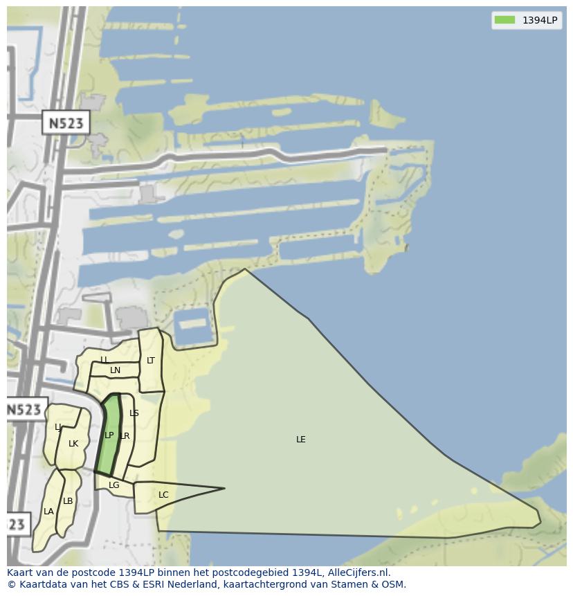 Afbeelding van het postcodegebied 1394 LP op de kaart.