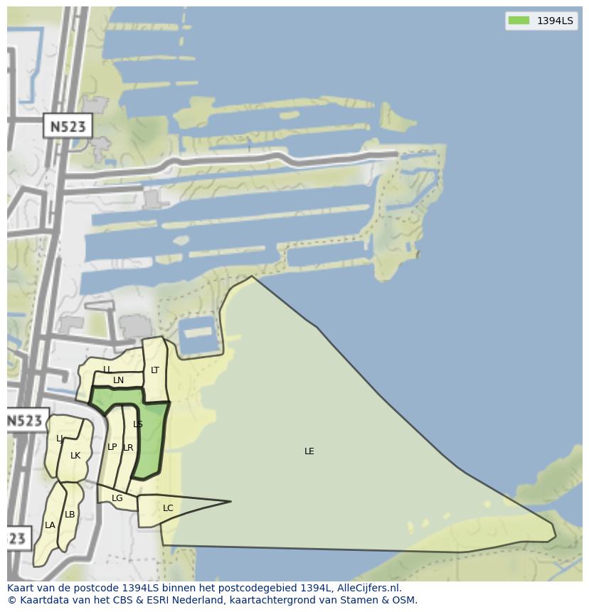Afbeelding van het postcodegebied 1394 LS op de kaart.