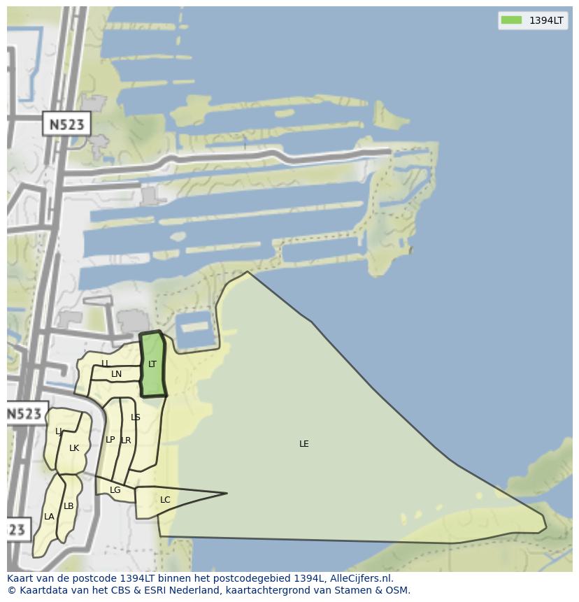 Afbeelding van het postcodegebied 1394 LT op de kaart.