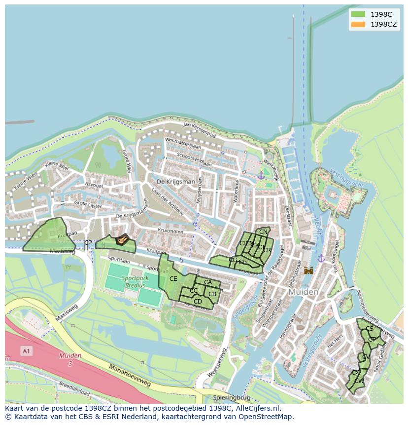 Afbeelding van het postcodegebied 1398 CZ op de kaart.