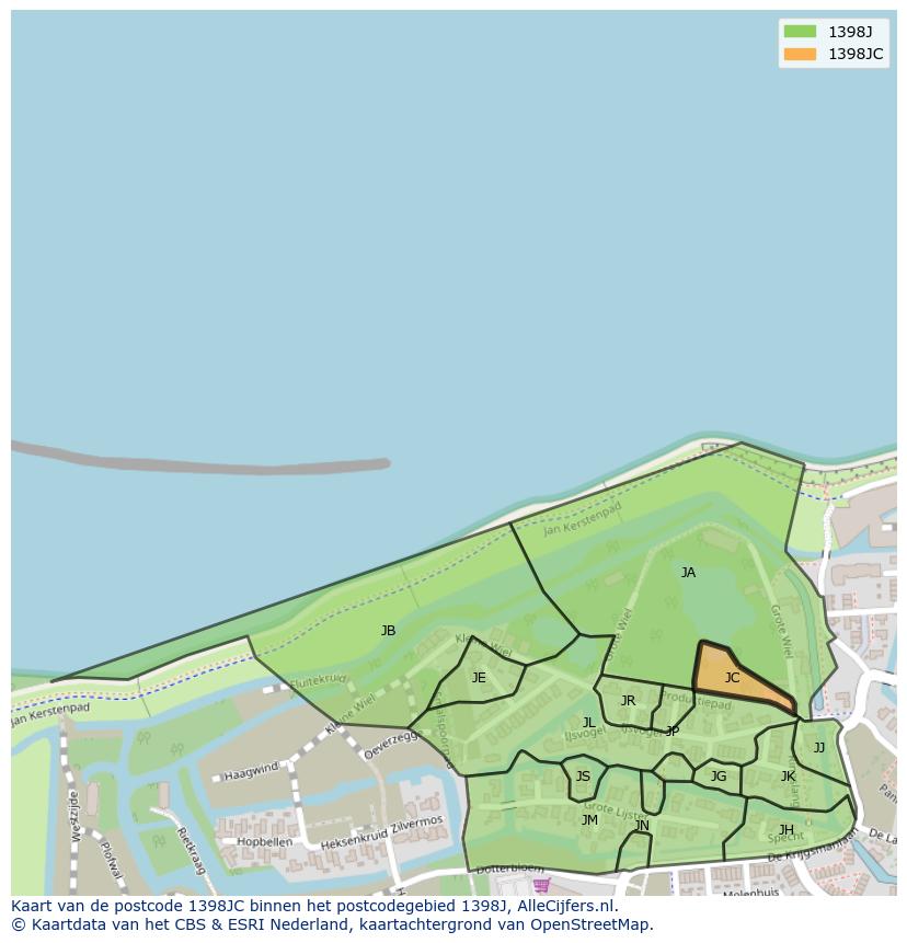 Afbeelding van het postcodegebied 1398 JC op de kaart.