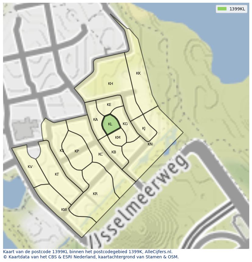 Afbeelding van het postcodegebied 1399 KL op de kaart.