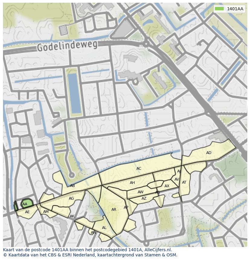 Afbeelding van het postcodegebied 1401 AA op de kaart.