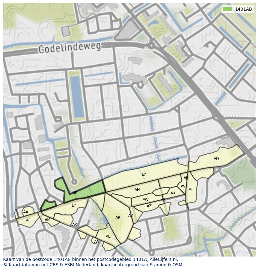 Afbeelding van het postcodegebied 1401 AB op de kaart.