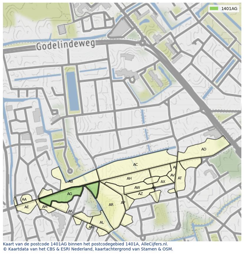 Afbeelding van het postcodegebied 1401 AG op de kaart.
