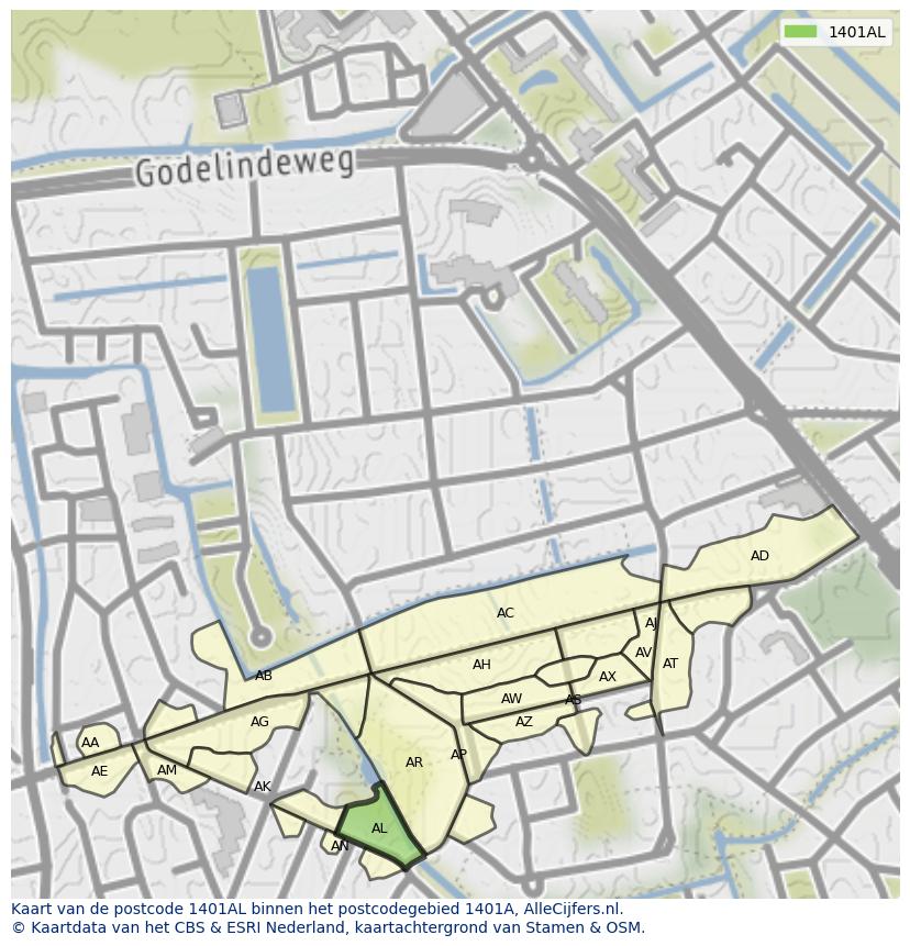 Afbeelding van het postcodegebied 1401 AL op de kaart.