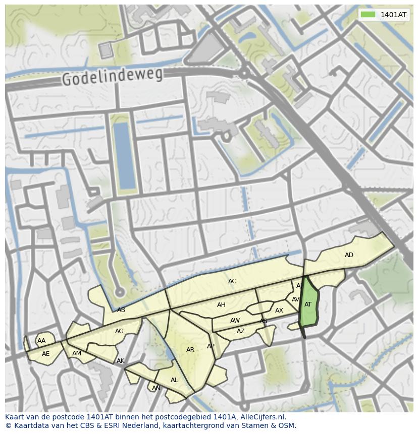 Afbeelding van het postcodegebied 1401 AT op de kaart.