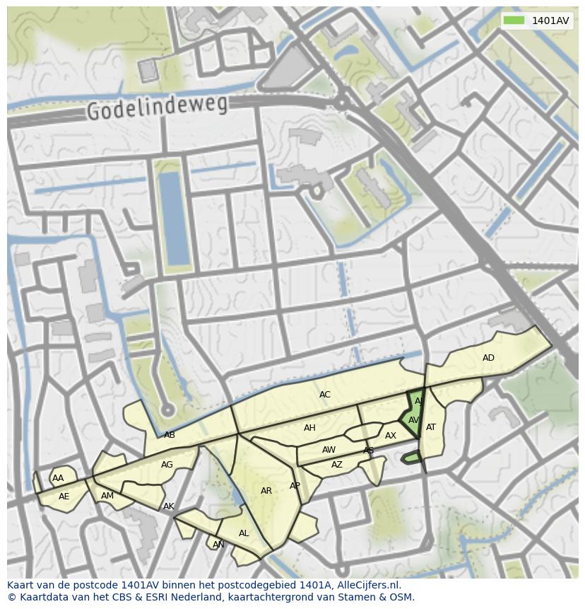 Afbeelding van het postcodegebied 1401 AV op de kaart.