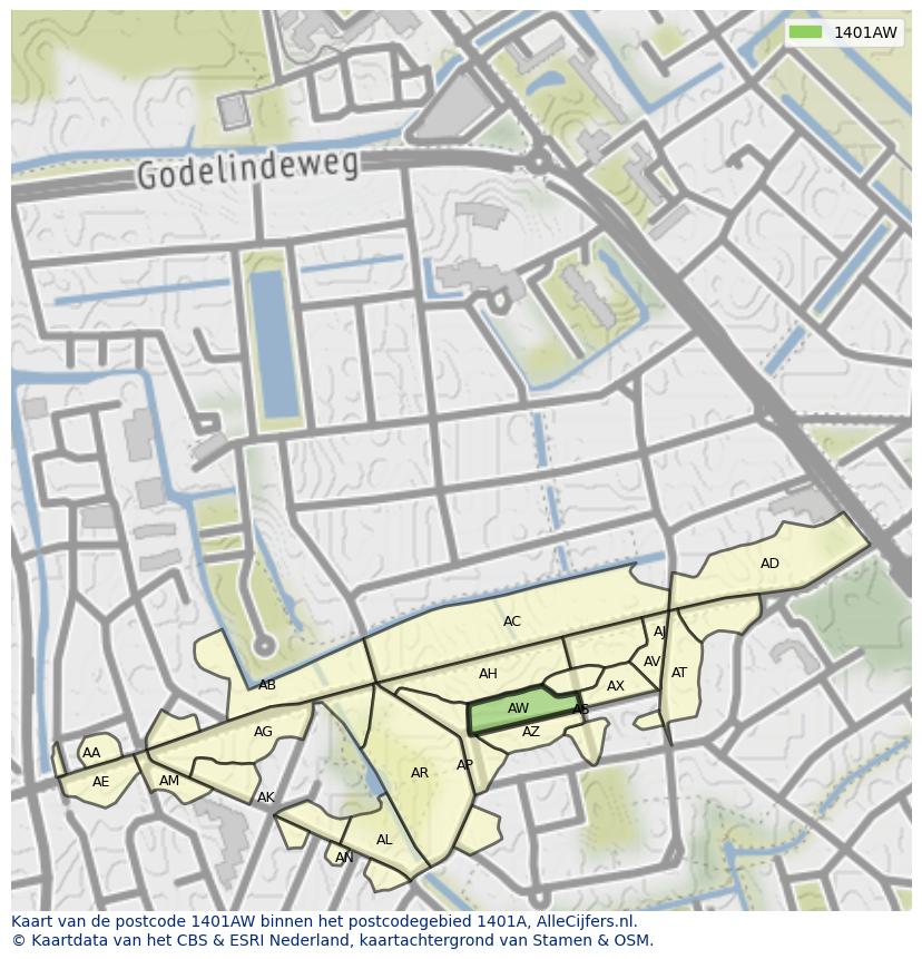 Afbeelding van het postcodegebied 1401 AW op de kaart.