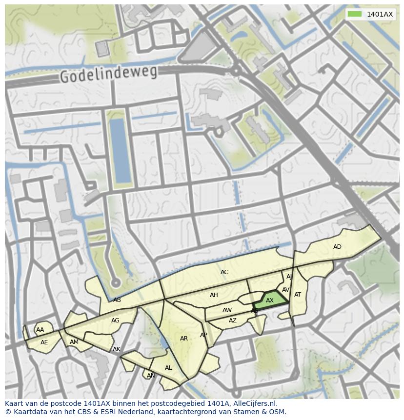 Afbeelding van het postcodegebied 1401 AX op de kaart.