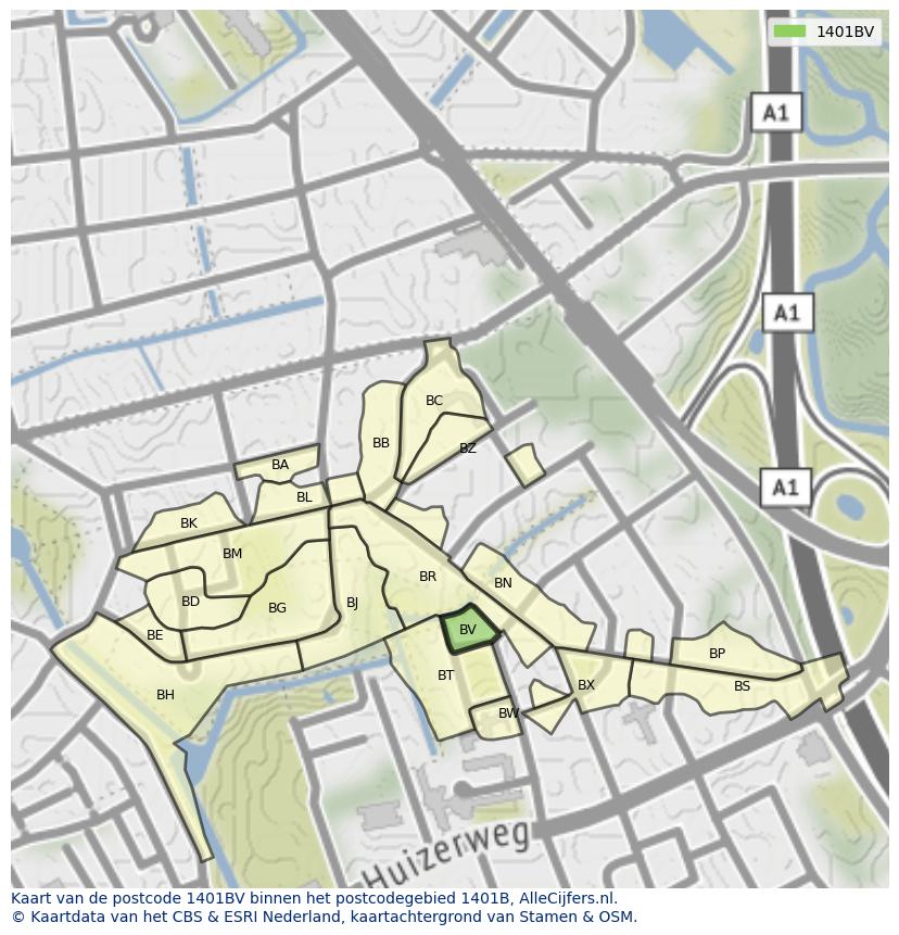 Afbeelding van het postcodegebied 1401 BV op de kaart.