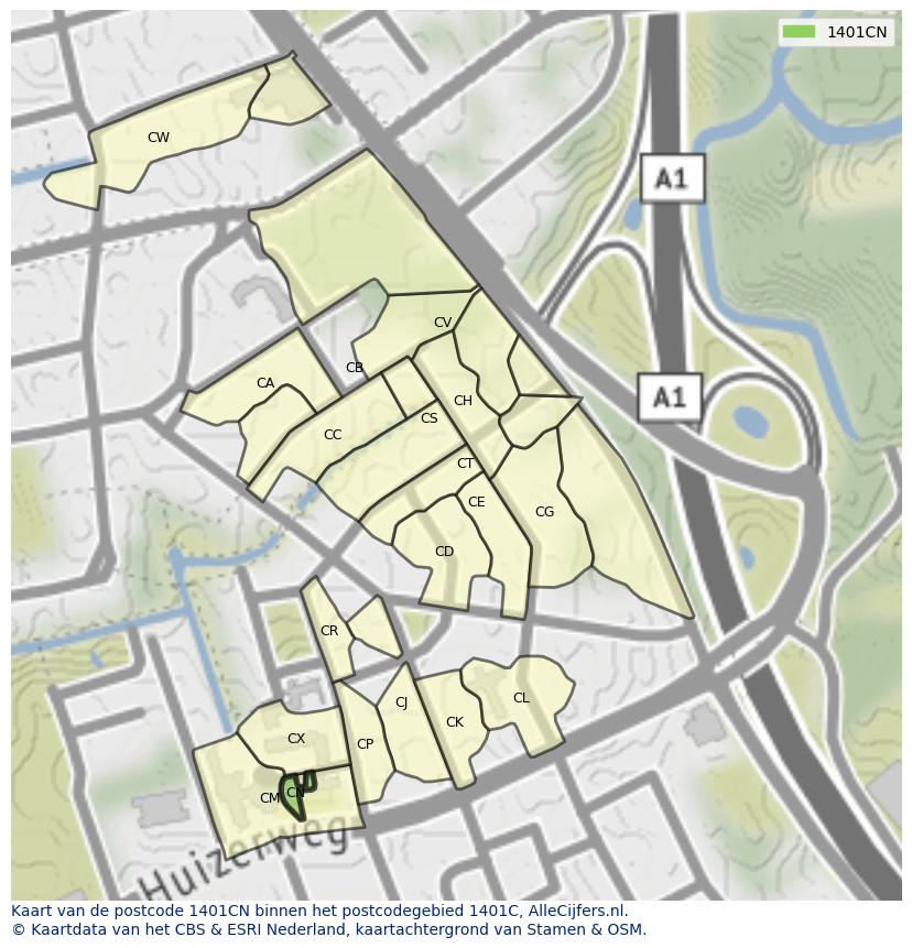 Afbeelding van het postcodegebied 1401 CN op de kaart.