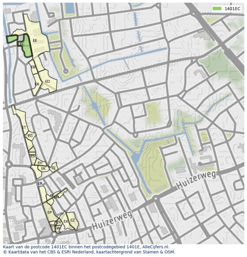 Afbeelding van het postcodegebied 1401 EC op de kaart.