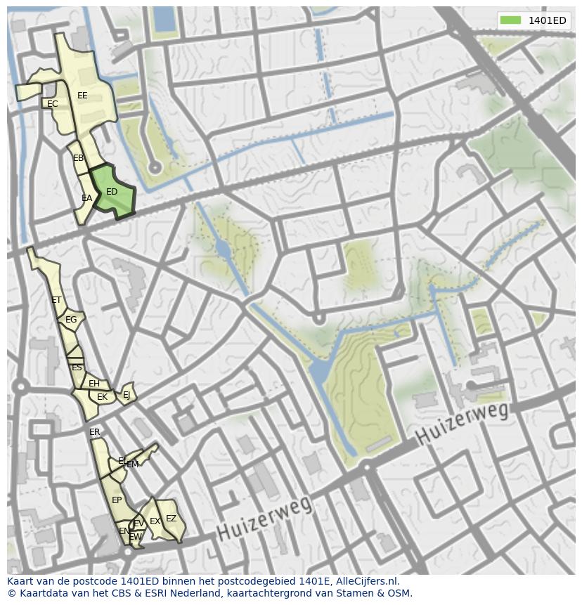 Afbeelding van het postcodegebied 1401 ED op de kaart.