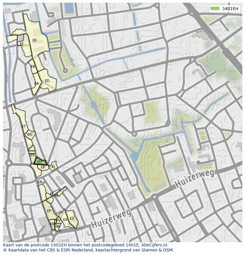 Afbeelding van het postcodegebied 1401 EH op de kaart.