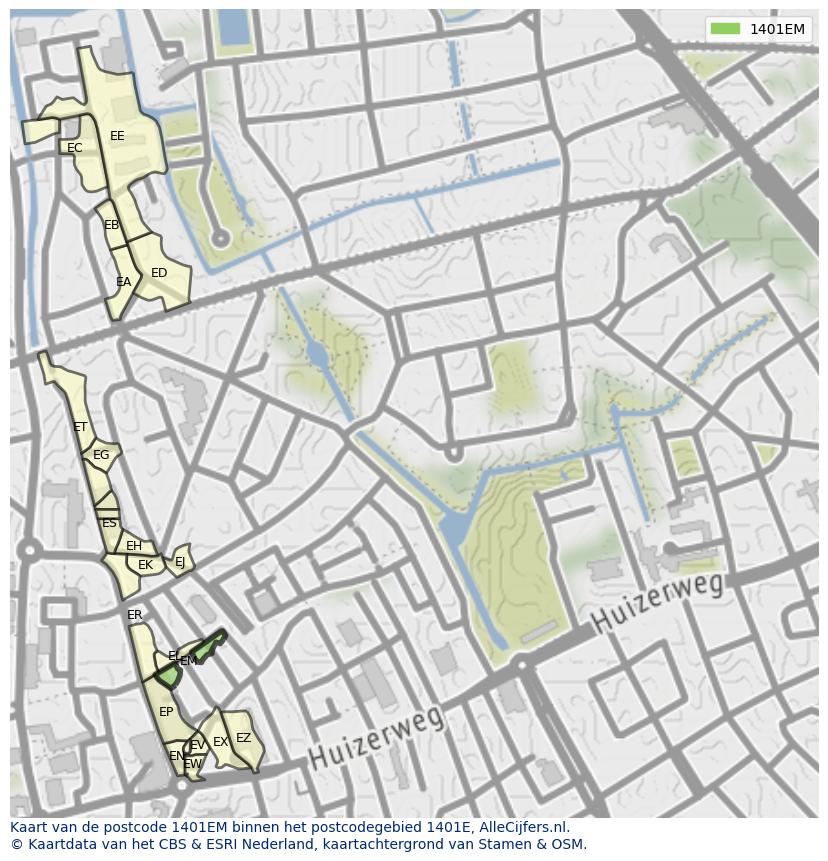 Afbeelding van het postcodegebied 1401 EM op de kaart.