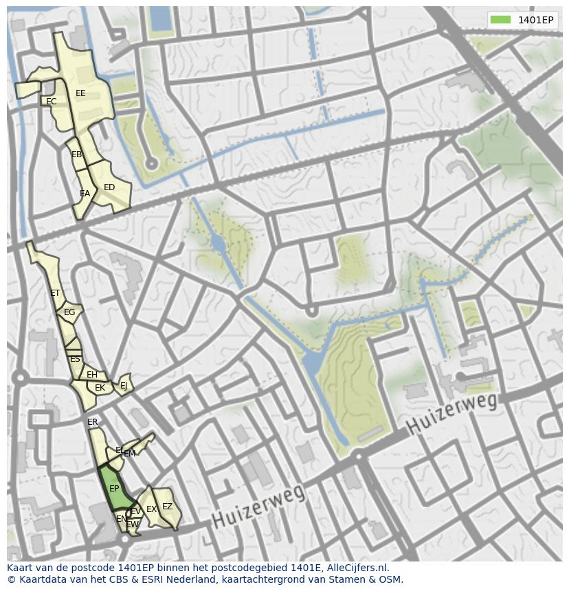 Afbeelding van het postcodegebied 1401 EP op de kaart.