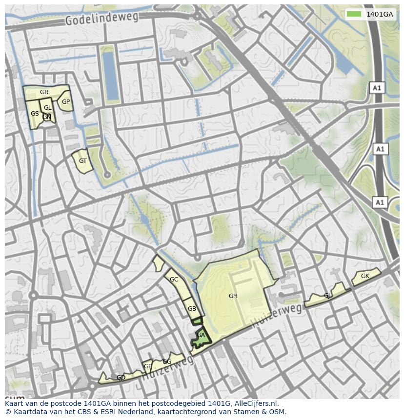 Afbeelding van het postcodegebied 1401 GA op de kaart.