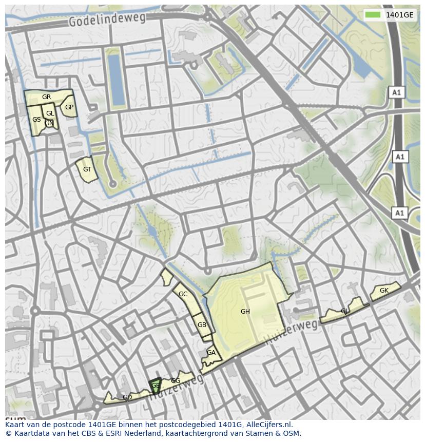 Afbeelding van het postcodegebied 1401 GE op de kaart.