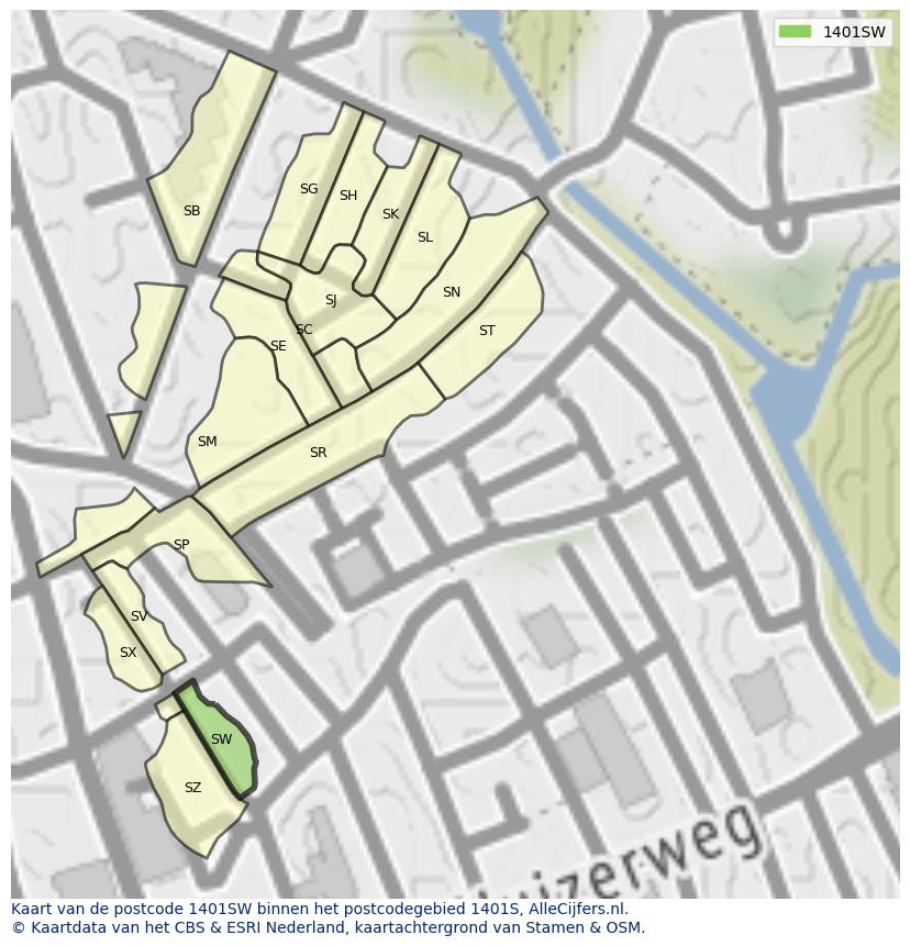 Afbeelding van het postcodegebied 1401 SW op de kaart.