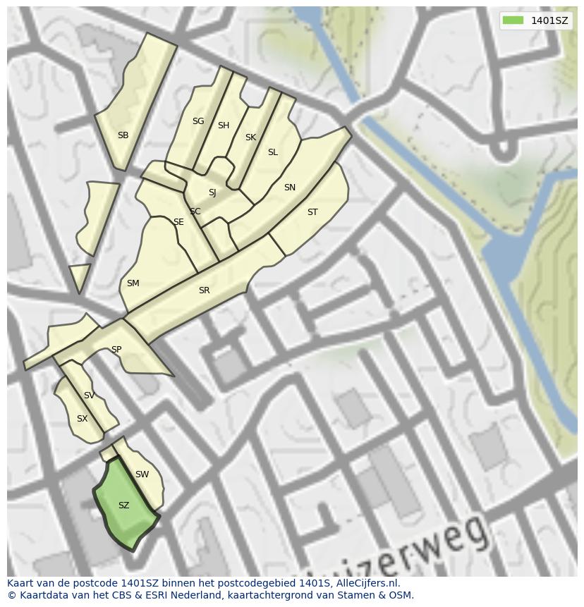 Afbeelding van het postcodegebied 1401 SZ op de kaart.